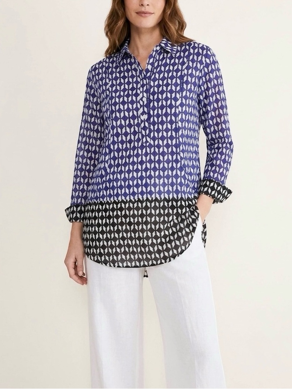 Roller Rabbit Diamond Geometric Button Front Long Sleeve Tunic Blouse Size XS